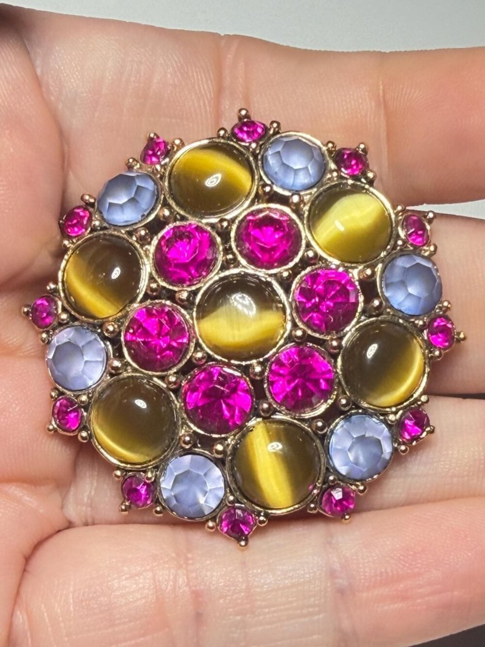 Vintage Monet Glass Cabochon Brooch Pink Lavender Olive Green Statement Pin